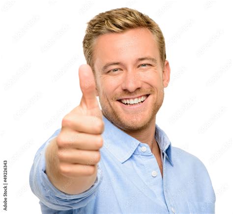 Happy Man Thumbs Up Sign Full Length Portrait On White Backgroun Stock