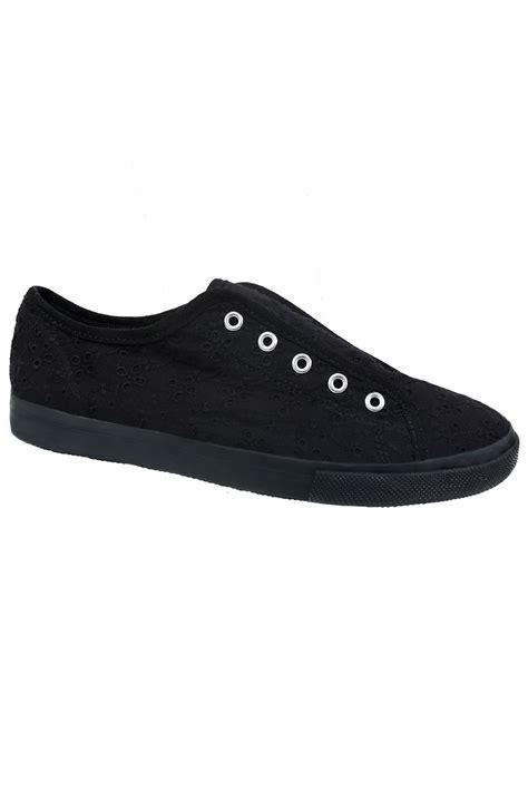 Black Floral Embroidered Slip On Canvas Laceless Plimsolls In EEE Fit