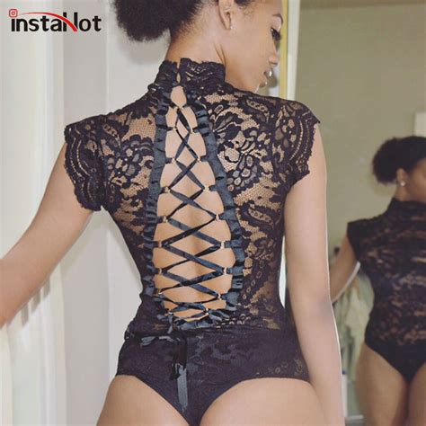 Women Sexy Backless Lace Up Mesh Bodysuit