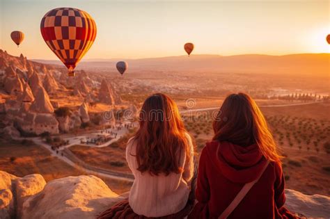 Girls Watching Hot Air Balloon At The Hill Of Cappadocia Stock Illustration Illustration Of