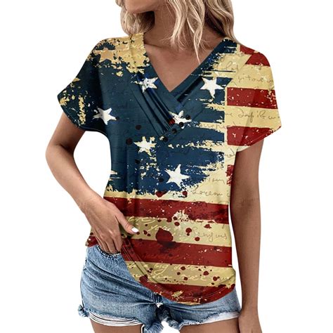 Knosfe Patriotic Shirts For Women Casual Stars Striped Independence Day Short Sleeve Tops 2024