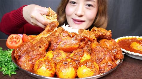 Asmr Spicy Chicken Leg Piece Curry Spicy Egg Roast Curry Gravy Rice Andsalad Bigbites