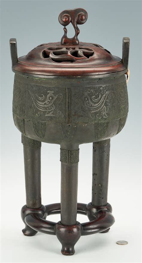 Lot Th Century Chinese Archaistic Bronze Tripod Censer Case