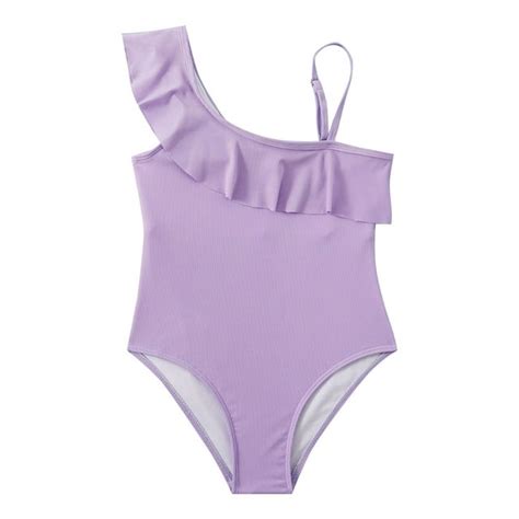 Girls Solid Color Ruffled Sling Tow Piece Swimsuit For 7 To 14 Years