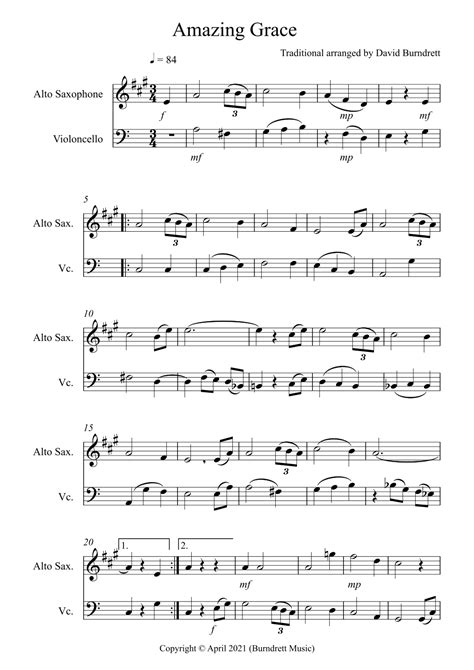 Amazing Grace For Alto Saxophone And Cello Duet Arr David Burndrett