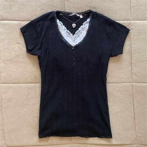 2000s Dainty Black Henley Lace Trim Top Depop 2000s Clothes