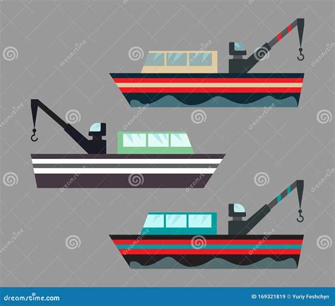 Version Of Icons Fishing Ships With Hook Ship At Sea Transport