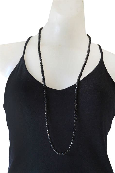 Elegant Long Black Bead Necklace With Glass And Seed Gem