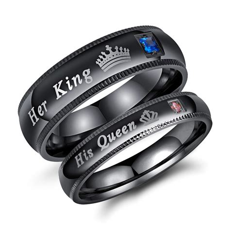 Buy 2pcs Set Of His And Her Matching Promise Rings For Couples Black Stainless Steel His Queen