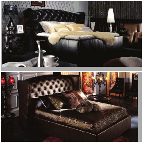 Two Pictures Of A Bedroom With Black Leather Furniture And Brown Fur On