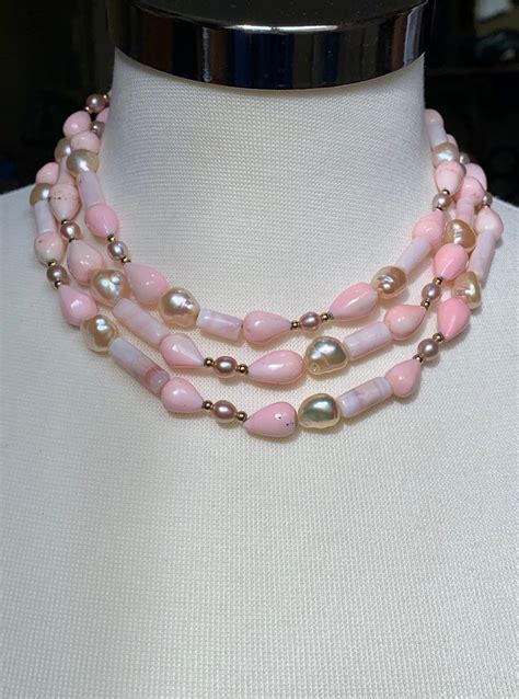 53 Long Peruvian Pink Opal Necklace With 14 Karat Gold Details For Sale At 1stdibs