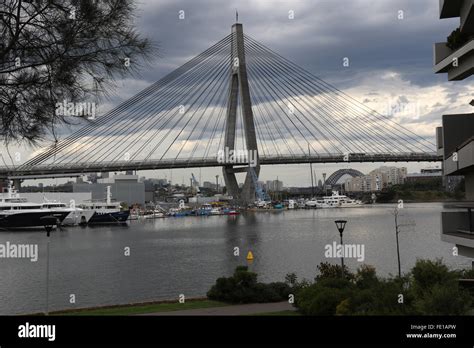 The ANZAC Bridge viewed from the northern end of Glebe Point Road ...