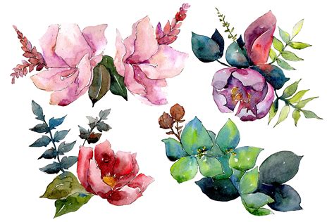 Bouquet Of Tropical Flowers Png Watercolor Illustrations