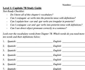 Realidades Level Chapter B Assessment Includes Study Guide