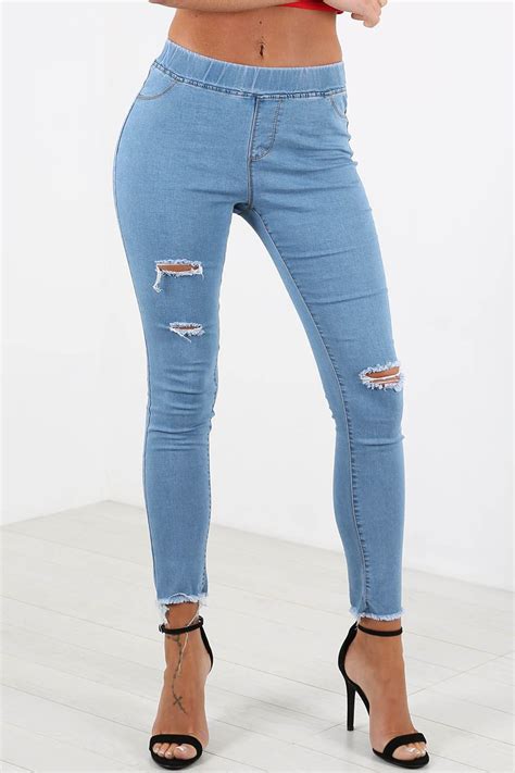 Womens Ladies Skinny Ripped Destroyed Denim Look Pocket Jeans Leggings Jeggings Ebay