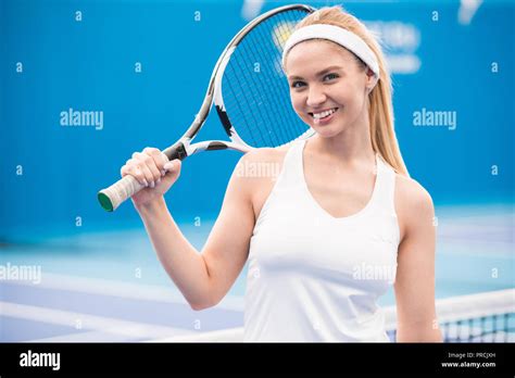 Blonde Tennis Player In Court Stock Photo Alamy
