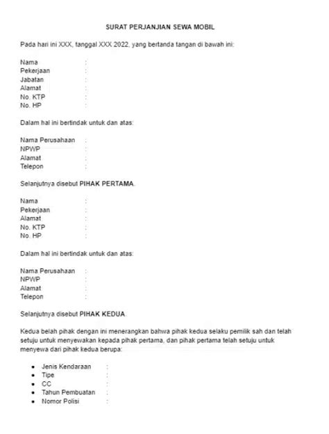 Contoh Surat Perjanjian Sewa Mobil Dan Tipsnya Download Gratis