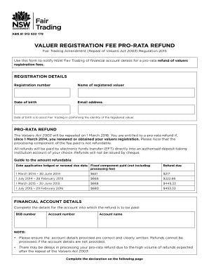 Fillable Online Fairtrading Nsw Gov VALUER REGISTRATION FEE PRO RATA