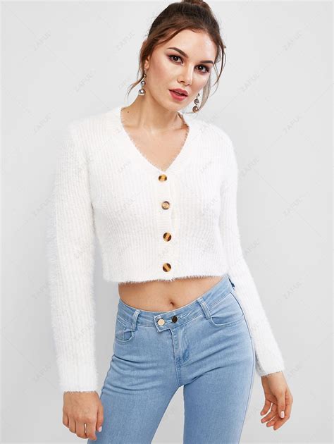 49 Off 2020 Fuzzy Buttons Cropped Cardigan In White Zaful