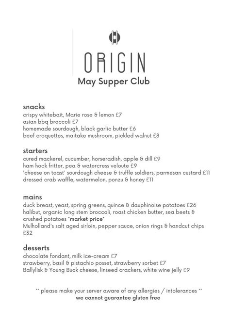 Menu At Origin 101 Restaurant Moira