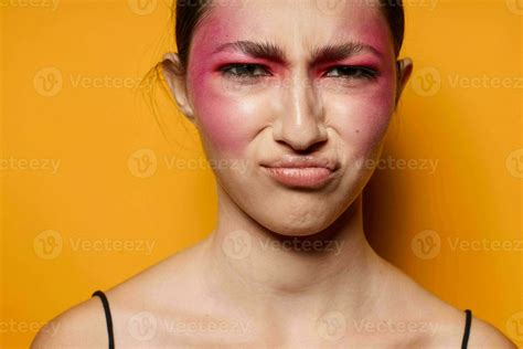 Sexy Brunette Woman Bright Makeup Posing Black Jersey Isolated