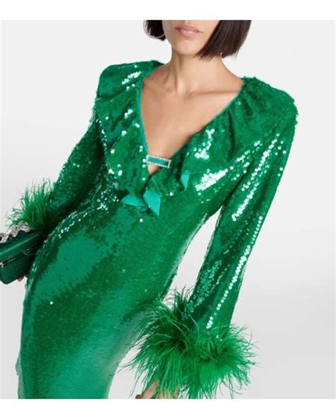 Self Portrait Feather Trimmed Sequined Midi Dress In Green Lyst Uk