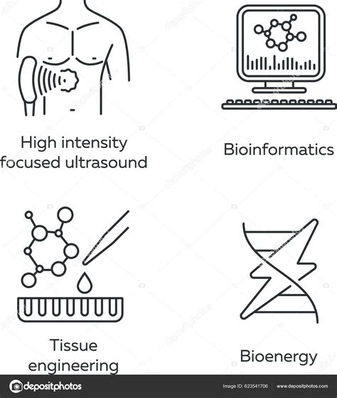 Conjunto Iconos Lineales Biotecnología Bioingeniería Hifu Bioinformática Ingeniería Tisular