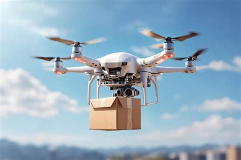 Premium Ai Image Drone Carrying Delivering Package City In Background