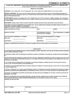 Fillable Online Eng Form Claim For Temporary Quarters Subsistence