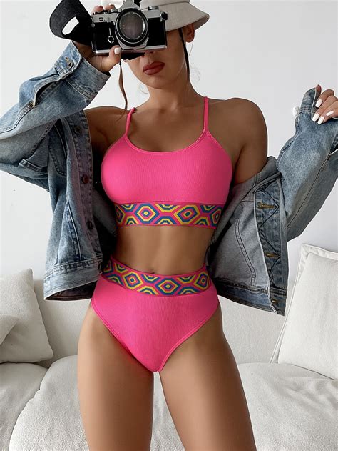 Geometric Print Ribbed Bikini Set Wireless Bra Top And High Waist Bikini