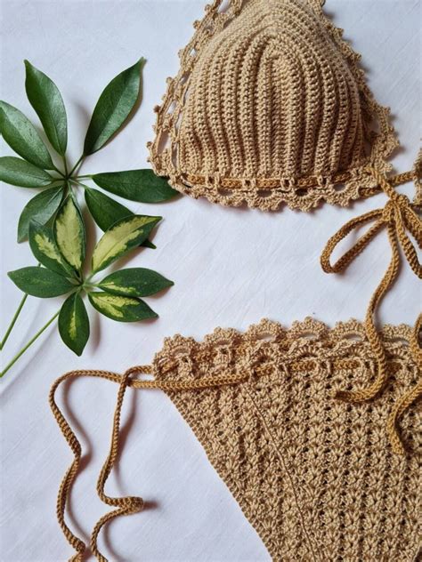 Crochet Swimsuit Beige Knit Bikini Sexy Crochet Bikini Etsy