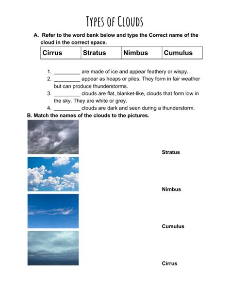 Types Of Clouds Worksheets 99worksheets