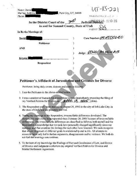 Utah Petitioner S Affidavit Of Jurisdiction And Grounds For Divorce