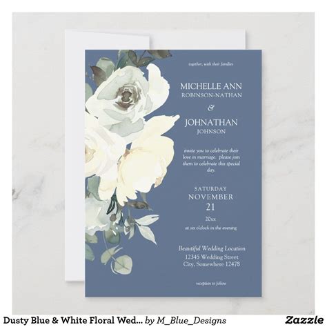 A Wedding Card With White Flowers On Blue And Gray Background In The