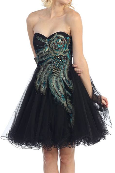 Embroidered Peacock Feather Formal Black Dresses Womens Wedding