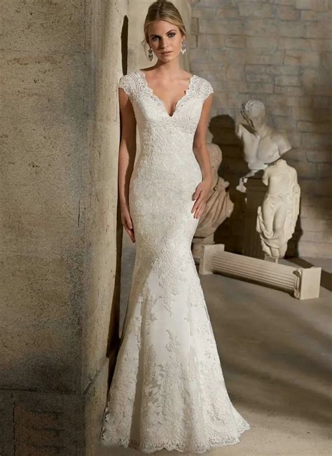 Ivory Lace Wedding Dress Buttons Down The Back V Neck Sleeveless Cap Sleeve Lace Wedding Dress