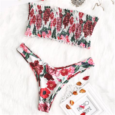 ZAFUL 2019 New Bikini Beadeau Smocked Floral Bikini Set Sexy Beach High