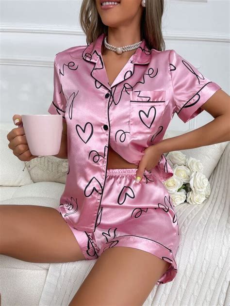 Allover Heart Print Contrast Piping Satin Pj Set Shein Uk