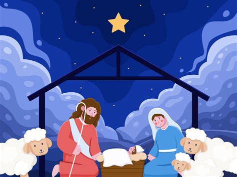 Cartoon Illustration Jesus Christ Born In A Manger With Joseph And Mary