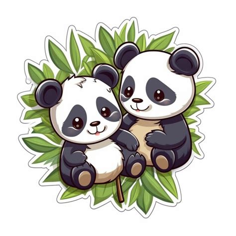 Um Casal De Urso Panda De Desenho Animado Sentado Em Um Galho Frondoso