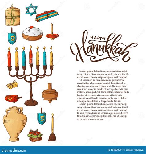 Hand Drawn Traditional Chanukah Symbols In Sketch Style Jewish Holiday