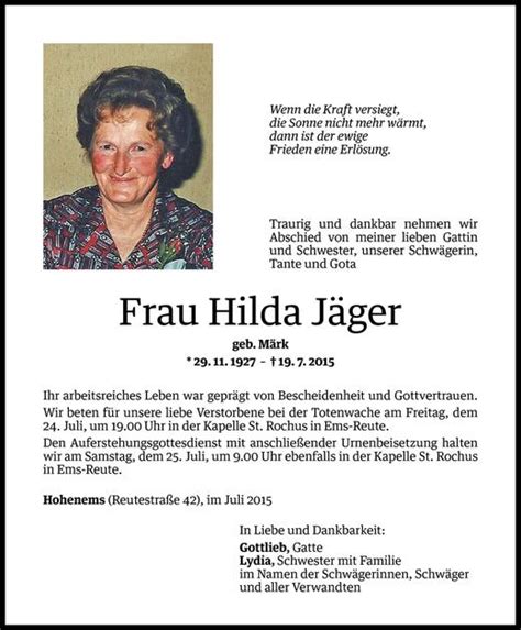 Todesanzeigen von Hilda Jäger Todesanzeigen Vorarlberger Nachrichten