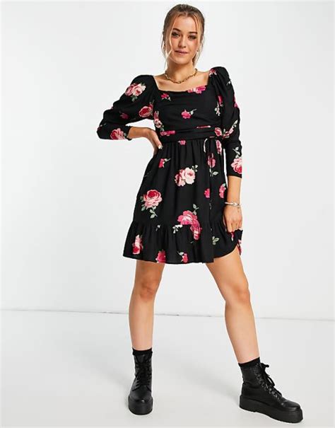 Miss Selfridge Ruched Bust Fit And Flare Mini Dress In Rosebud Print Asos