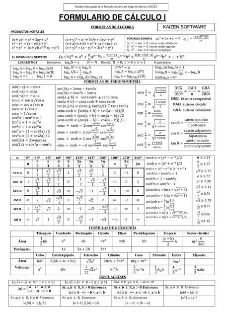 Formulario C Lculo Trigo Derivadas Integrales Logaritmo