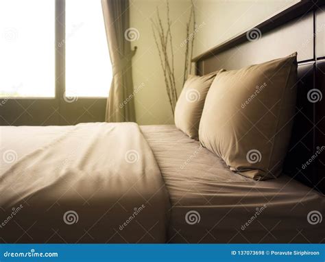 Empty Bed In Luxury And Natural Bedroom Stock Photo Image Of Brown