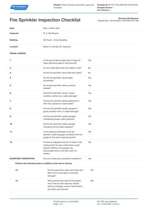 Fire Sprinkler System Inspection Checklist Template