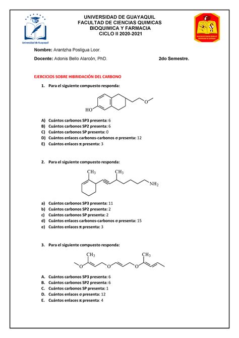 Ejercicios Sobre Hibridaci N Del Carbono Universidad De Guayaquil