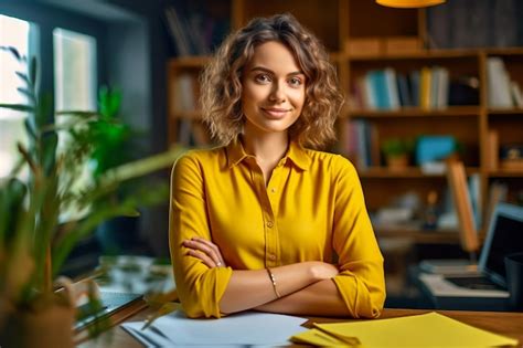 Premium Ai Image Woman In Yellow Shirt Is Sitting At Desk With Her