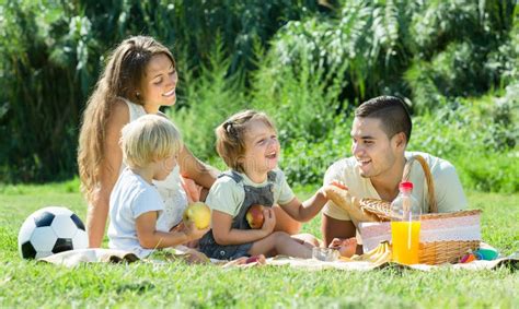 Familie Auf Picknick An Der Landschaft Stockbild Bild Von Entspannung