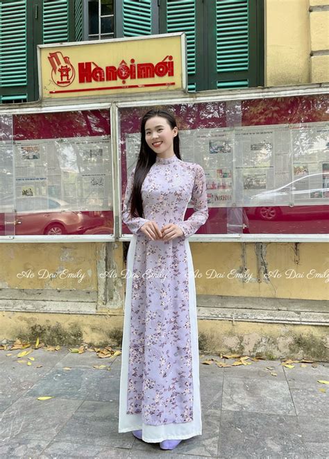 Purple Mini Flower Ao Dai Set Pants Included Traditional Ao Dai Vietnam